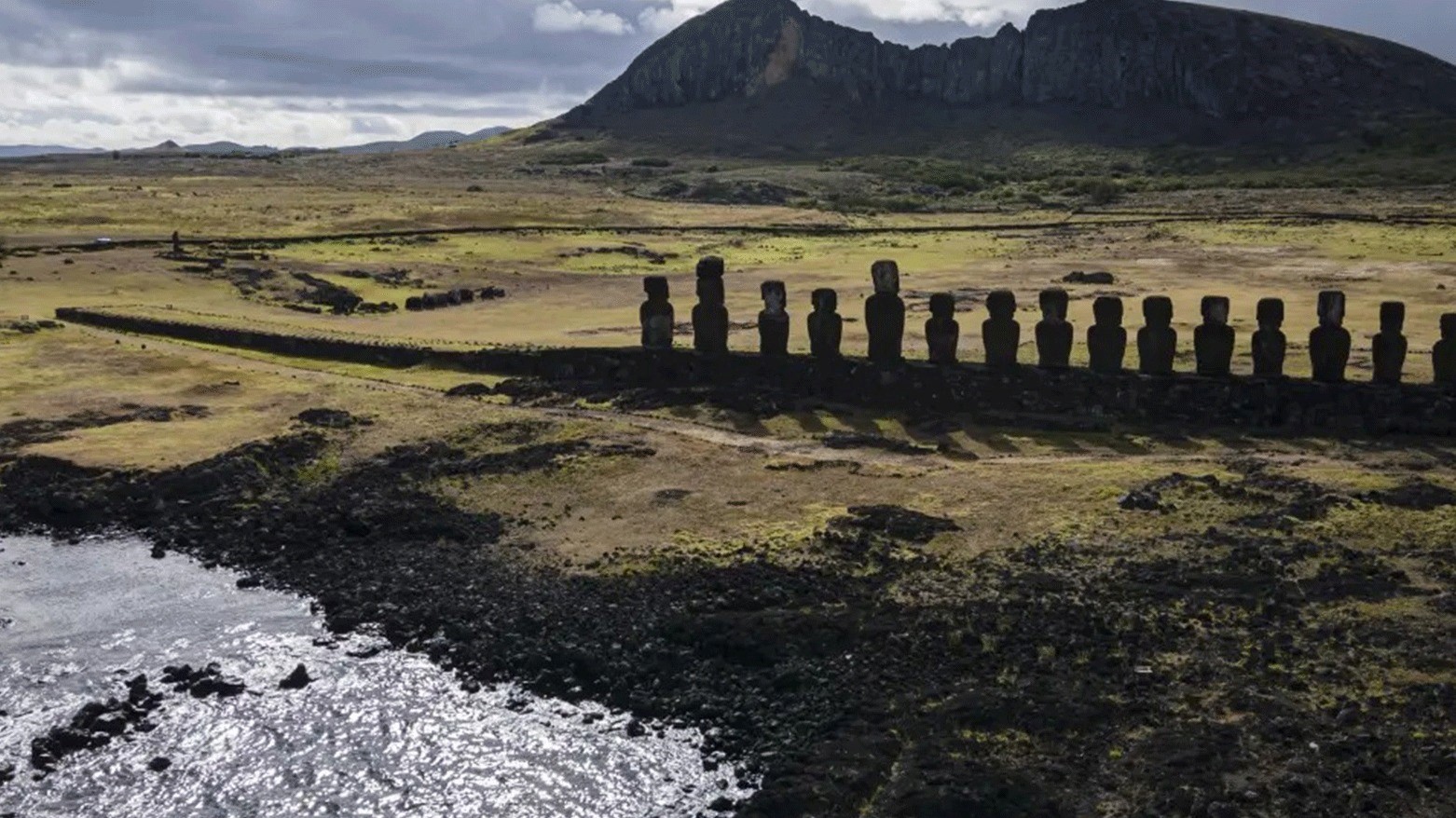 Massive monolithic Moai statues in island of Rapa Nu in Easter Island, are built from stone by their ancestors